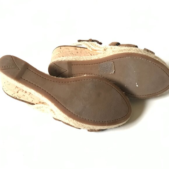 Prada Suede Cork Wedge Heels Sandals Womens 37 7 Brown Tan Platform Buckle Shoes - Picture 7 of 9